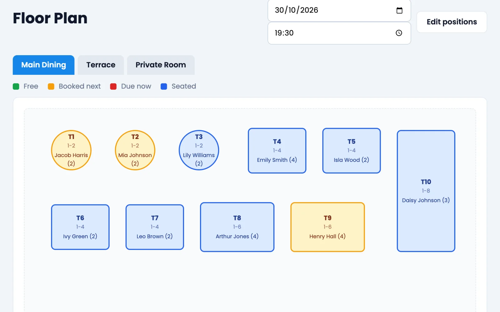 Orbis Table floor plan with tables coloured by seated, booked next and free