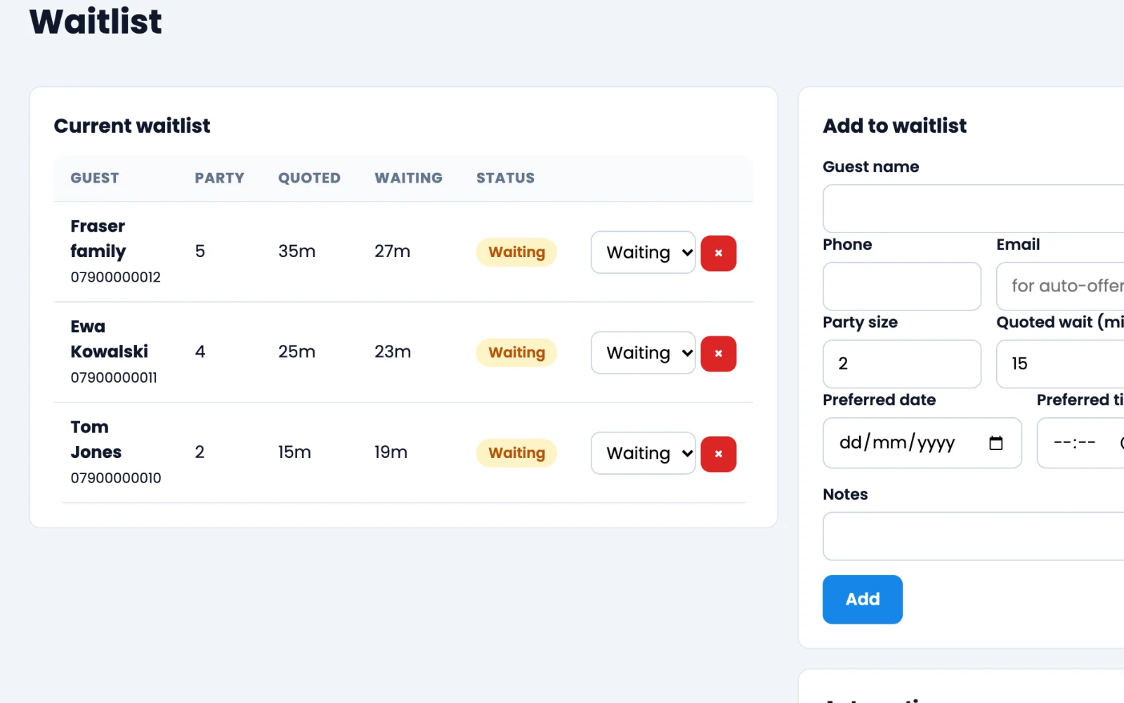 Orbis Table waitlist with quoted and actual waiting times