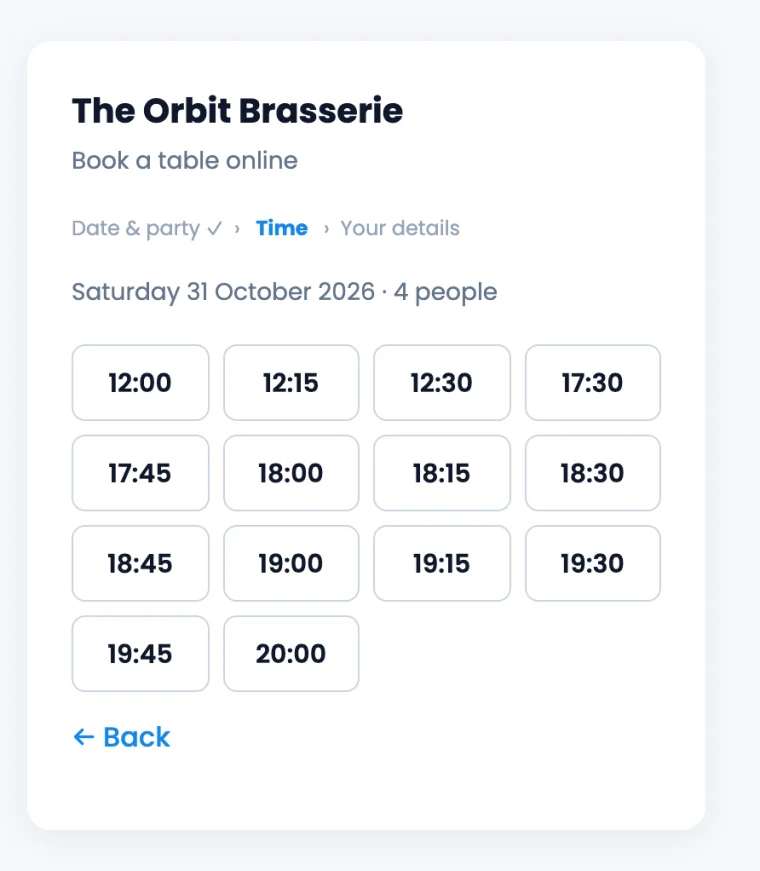 Orbis Table online booking widget showing available times