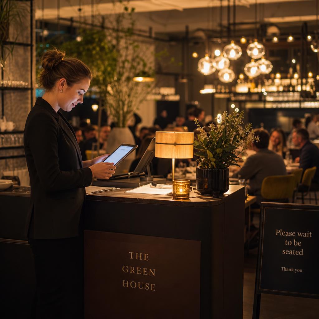 Host checking the evening’s bookings on a tablet at the front desk